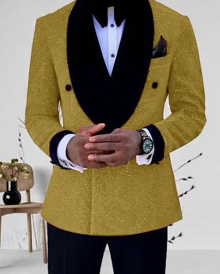 Gold sequin blazer with black velvet shawl collar and one button closure