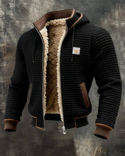 Men's Quilted Jacket Fleece-Lined Hooded Full-Zip Sherpa Coat - Black