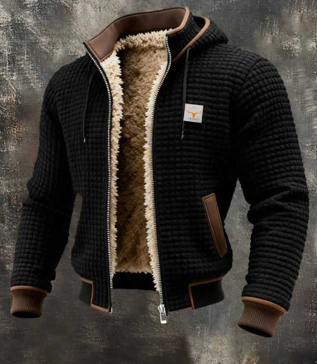 Men's Quilted Jacket Fleece-Lined Hooded Full-Zip Sherpa Coat - Black