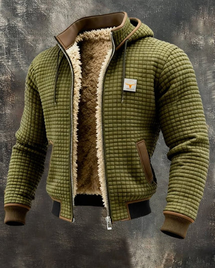 Men's Quilted Jacket Fleece-Lined Hooded Full-Zip Sherpa Coat - Olive Green