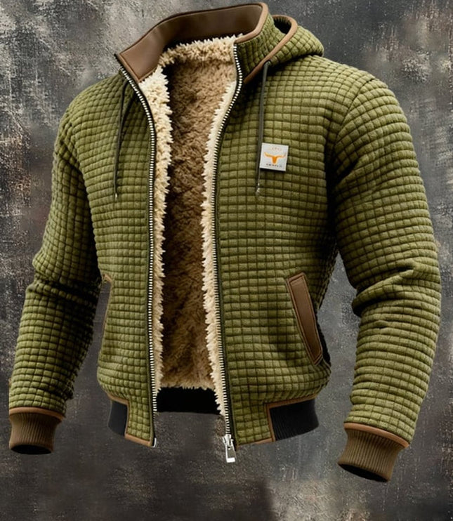 Men's Quilted Jacket Fleece-Lined Hooded Full-Zip Sherpa Coat - Olive Green