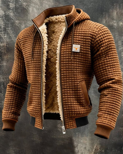 Men's Quilted Jacket Fleece-Lined Hooded Full-Zip Sherpa Coat - Brown