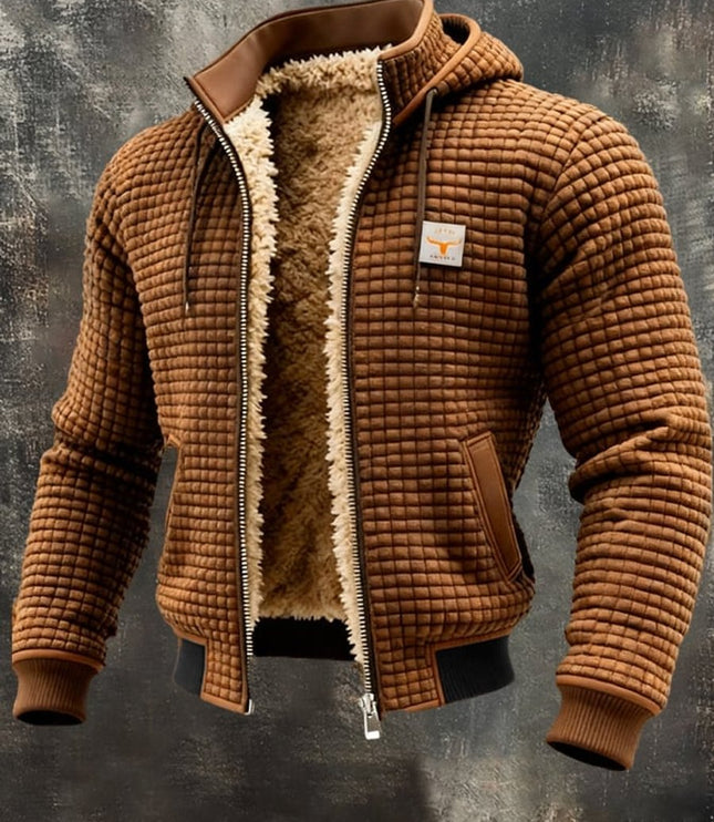 Men's Quilted Jacket Fleece-Lined Hooded Full-Zip Sherpa Coat - Brown