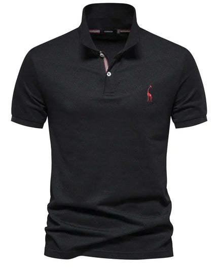 Black short sleeve polo shirt with white button and collar detail