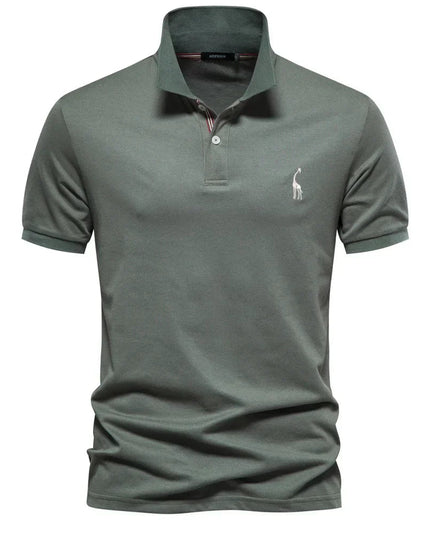 Sage green short sleeve polo shirt with ribbed cuffs and collar