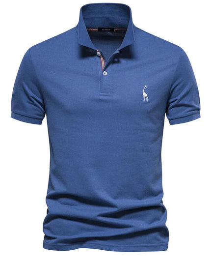 Royal blue short sleeve polo shirt with white button closure