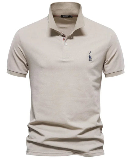 Beige short sleeve polo shirt with classic collar and rolled sleeves