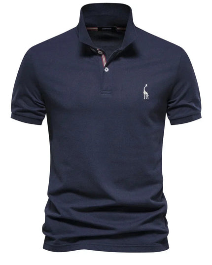 Navy short sleeve polo shirt with structured collar and button front