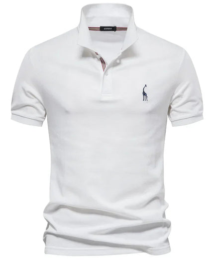 White short sleeve polo shirt with ribbed collar and cuffs