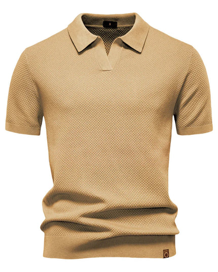 Tan textured short sleeve polo with ribbed collar and cuffs