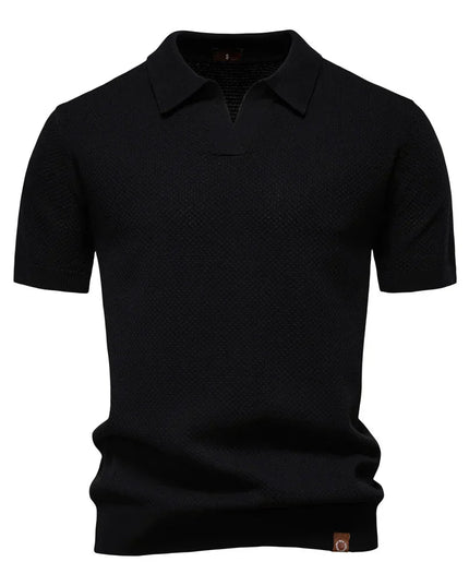Black textured short sleeve polo with ribbed trim and collar