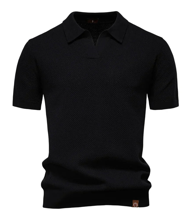 Black textured short sleeve polo with ribbed trim and collar
