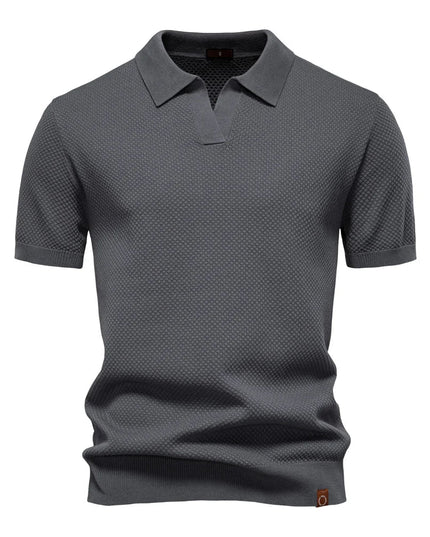 Dark gray textured polo shirt with split collar and short sleeves