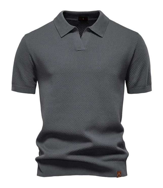 Dark gray textured polo shirt with split collar and short sleeves
