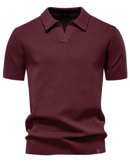 Burgundy textured short sleeve polo with spread collar detail
