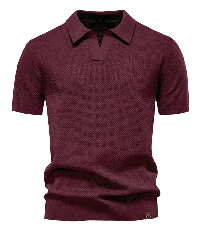 Burgundy textured short sleeve polo with spread collar detail