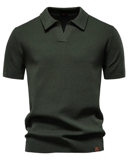 Olive green textured polo shirt with short sleeves and collar