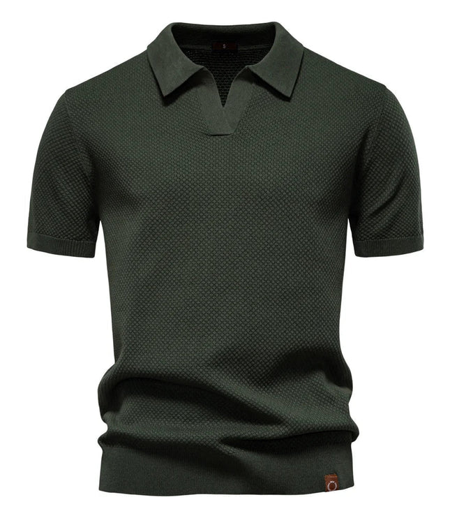 Olive green textured polo shirt with short sleeves and collar