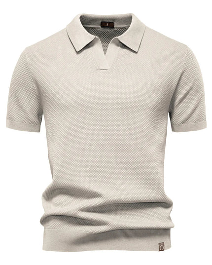 Cream textured short sleeve polo with ribbed collar and cuffs