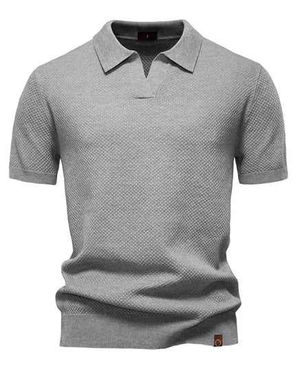 Light gray textured short sleeve polo shirt with ribbed collar