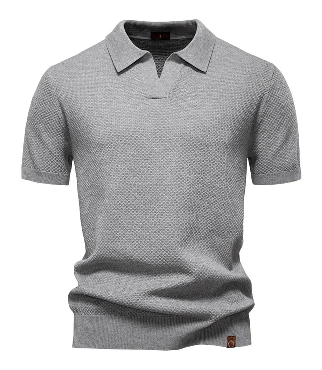 Light gray textured short sleeve polo shirt with ribbed collar