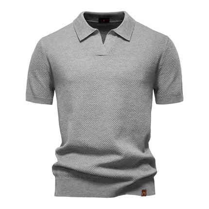 Light gray textured short sleeve polo shirt with ribbed collar