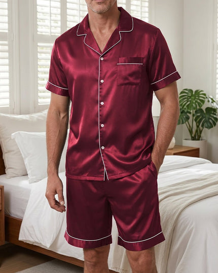 Men's Short Sleeve Contrast-Edged Satin Pyjamas
