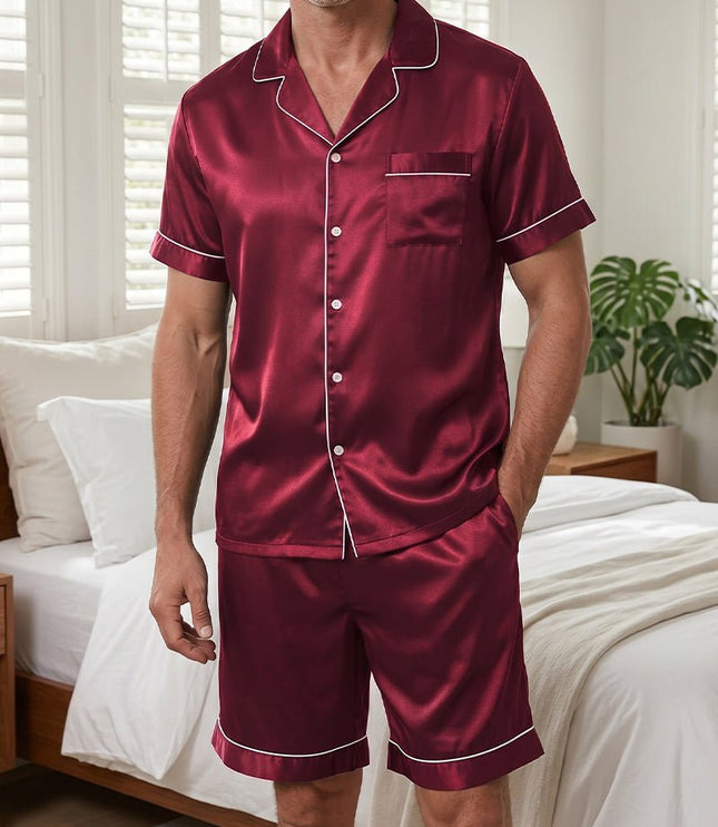 Men's Short Sleeve Contrast-Edged Satin Pyjamas
