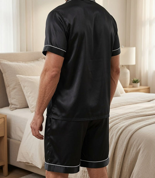 Men's Short Sleeve Contrast-Edged Satin Pyjamas