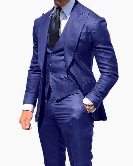 Navy blue tailored three-piece suit set with blazer, vest, and formal pants for men