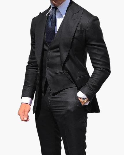 Black formal three-piece suit with structured blazer and matching vest for men