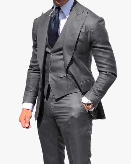 Gray tailored three-piece suit with long sleeves and functional pockets for men