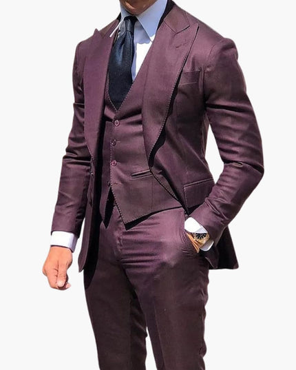 Burgundy single-breasted three-piece suit with notched lapels and matching vest for men
