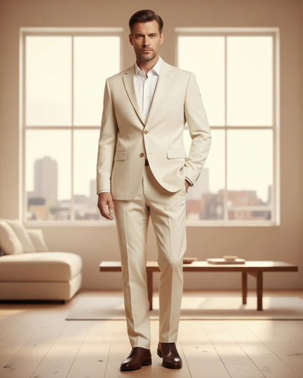 Cream tailored suit set with single-breasted blazer and matching slacks on model