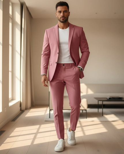 Rose pink single-breasted tailored blazer with matching dress slacks on model