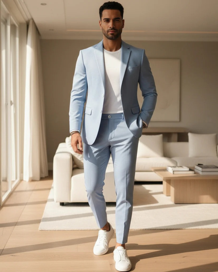 Light blue single-breasted tailored suit blazer with matching dress slacks on model