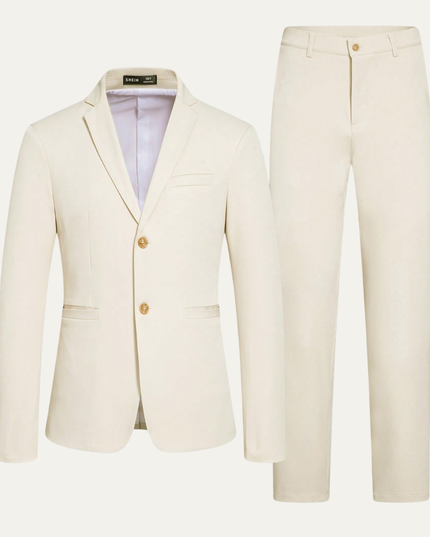 Cream single-breasted tailored suit blazer with gold buttons and matching slacks front view