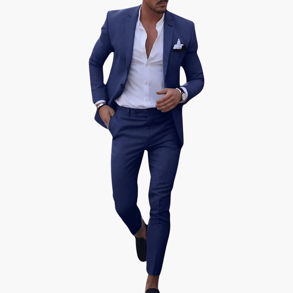 Navy single-breasted formal suit with white dress shirt and pocket square