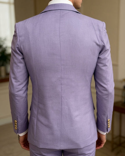 Back view of lavender notch lapel suit jacket with gold button cuffs