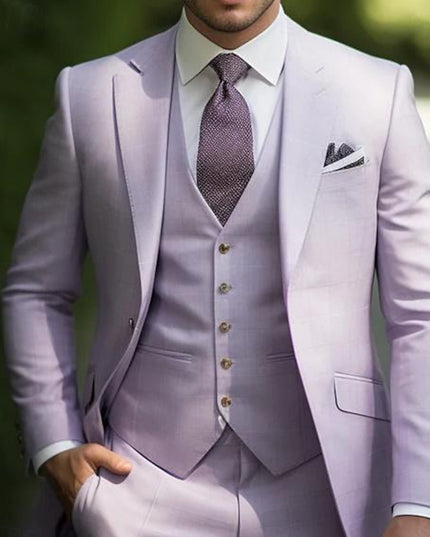 Lavender one-button formal suit with matching vest and textured tie