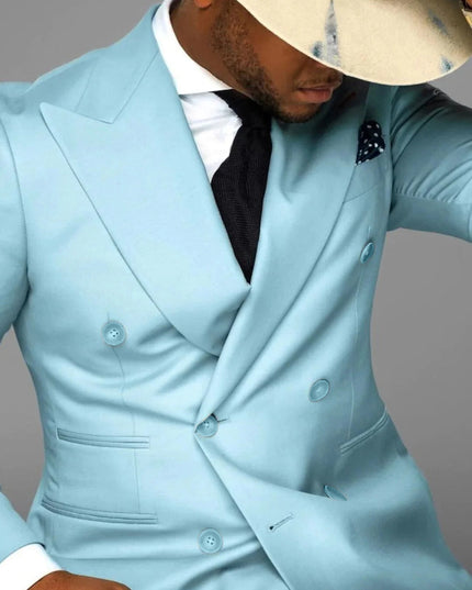 Close-up of sky blue double breasted blazer with notch lapels and button detail
