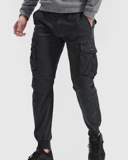 Black men's cargo pocket pants with elastic cuff and side utility pockets