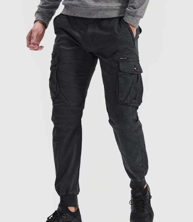 Black men's cargo pocket pants with elastic cuff and side utility pockets