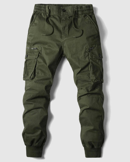 Olive green men's cargo casual pants with ribbed cuffs and cargo pockets