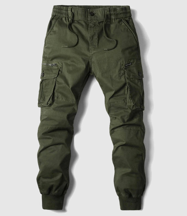Olive green men's cargo casual pants with ribbed cuffs and cargo pockets