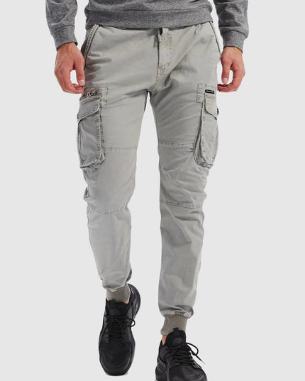 Men's gray cargo pocket casual pants with front view showing side pockets