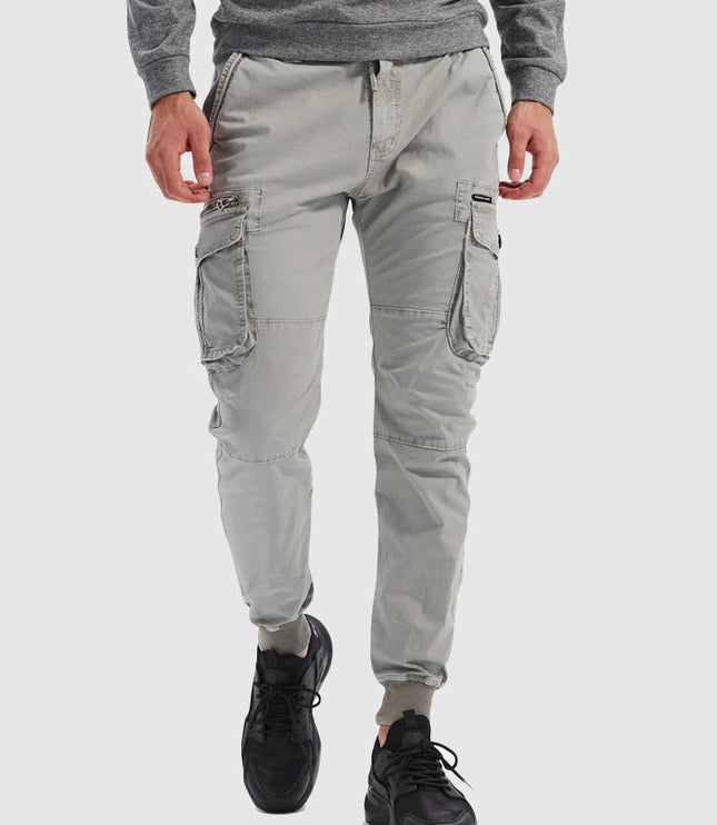 Men's gray cargo pocket casual pants with front view showing side pockets