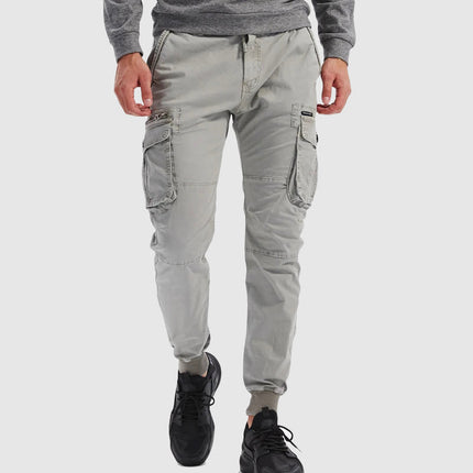 Men's gray cargo pocket casual pants with front view showing side pockets