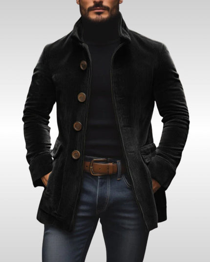 Men's Slim-Fit Corduroy Stand-Collar Wool Coat Button-Up - Black