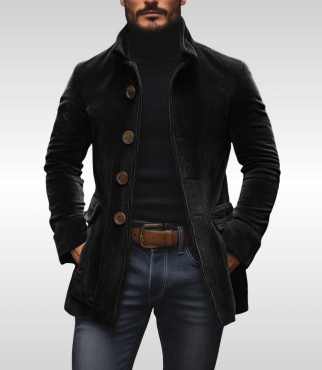 Men's Slim-Fit Corduroy Stand-Collar Wool Coat Button-Up - Black